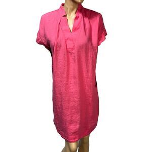 Talbots Linen Dress Women’s L P Petite Large Pink Short Sleeve Inverted Notch